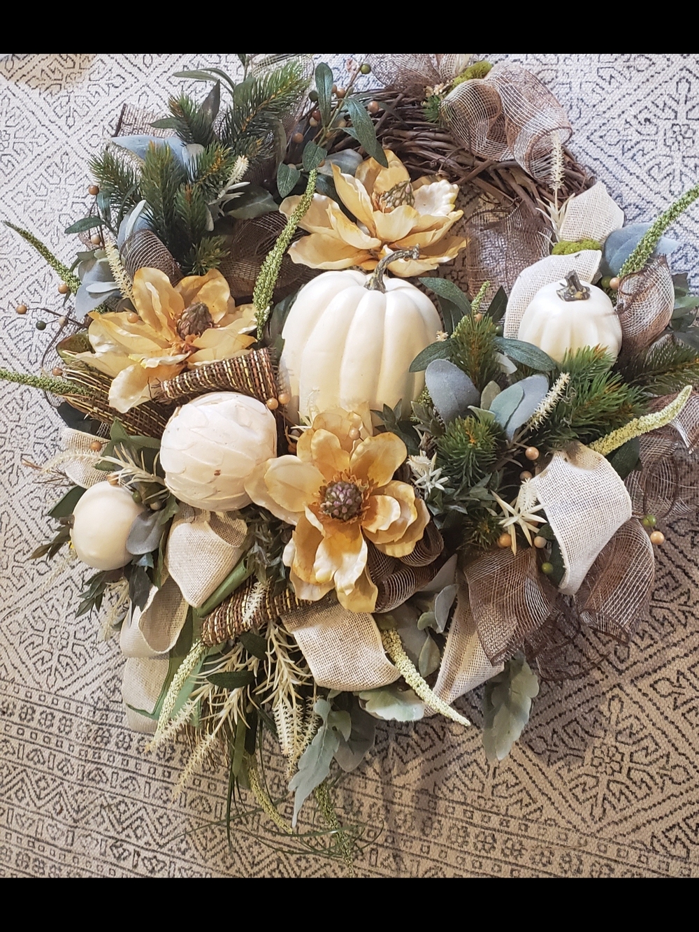 Decorative Fall Pumpkin and Floral Wreath - Cream and Gold